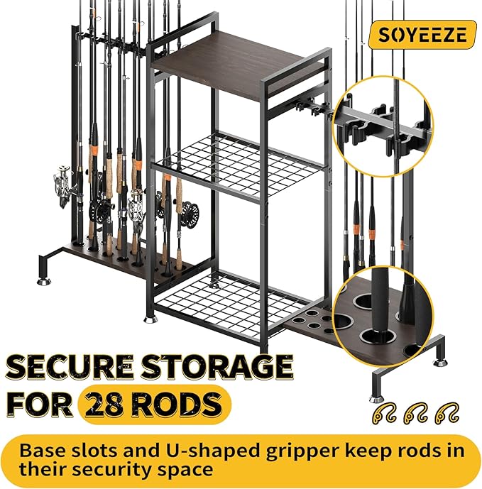 SOYEEZE Fishing Rod Holder for 28 Rods, Ground Stand Fishing Pole Holders for Garage, 3-Sided Vertical Fish Rod Rack for Tackle Box, Fishing Supplies,a Display Fish Gear Storage Gift