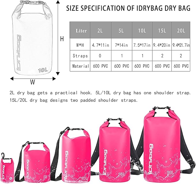 IDRYBAG Dry Bag for Kayaking Waterproof 2L/5L/10L/15L/20L, Small Dry Sack Waterproof Bag for Boating