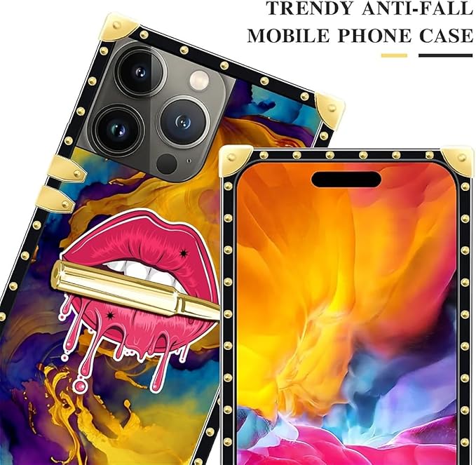 Compatible with iPhone 15 Pro Case, Cool Corlorful Lip Marble Luxury Golden Decoration for Girl Women Soft TPU Shockproof Protective Hard PC Back for iPhone 15 Pro