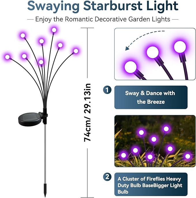 Slyuexu Solar Garden Lights Outdoor Waterproof, 2 Pack 16 LED Swaying Firefly Lights Outdoor Decor Light for Pathway Party Christmas Decoration, Unique Gifts for Women, Purple