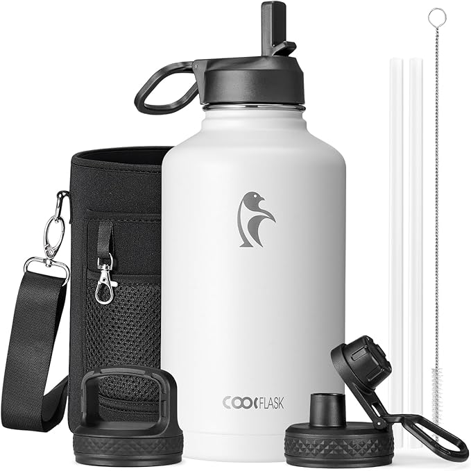Coolflask Half Gallon Water Bottle Insulated with Straw & 3 Lids, 64 oz Water Jug Large Metal Stainless Steel Wide Mouth for Sports, Gym or Office, Non-BPA Keep Cold 48H Hot 24H, White