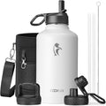 Coolflask Half Gallon Water Bottle Insulated with Straw & 3 Lids, 64 oz Water Jug Large Metal Stainless Steel Wide Mouth for Sports, Gym or Office, Non-BPA Keep Cold 48H Hot 24H, White