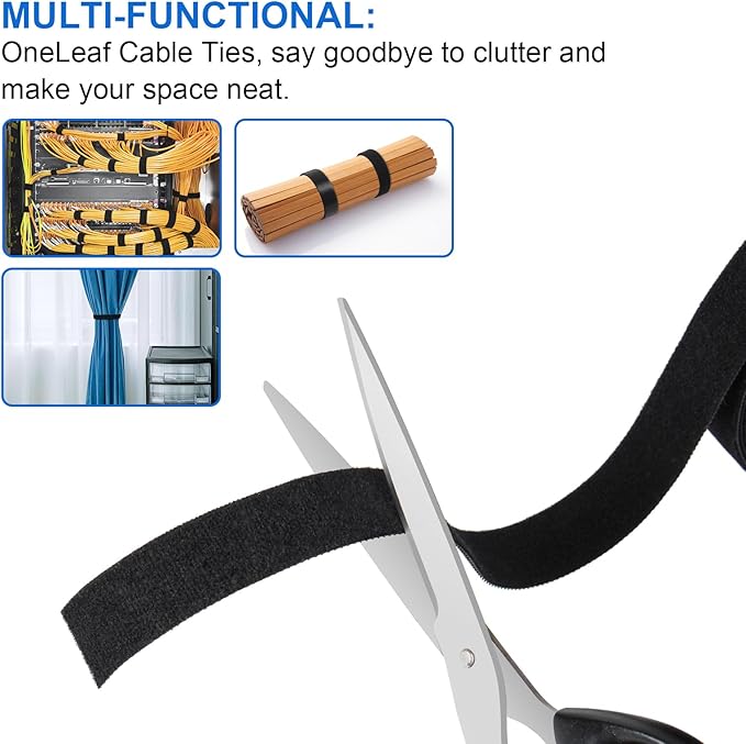 OneLeaf Fastening Cable Management Roll, Reusable Multi-Purpose Cords Management, Double Sided Hook and Loop Cable Ties Roll，Cut to Length Straps, Black Heavy Duty Wire Management