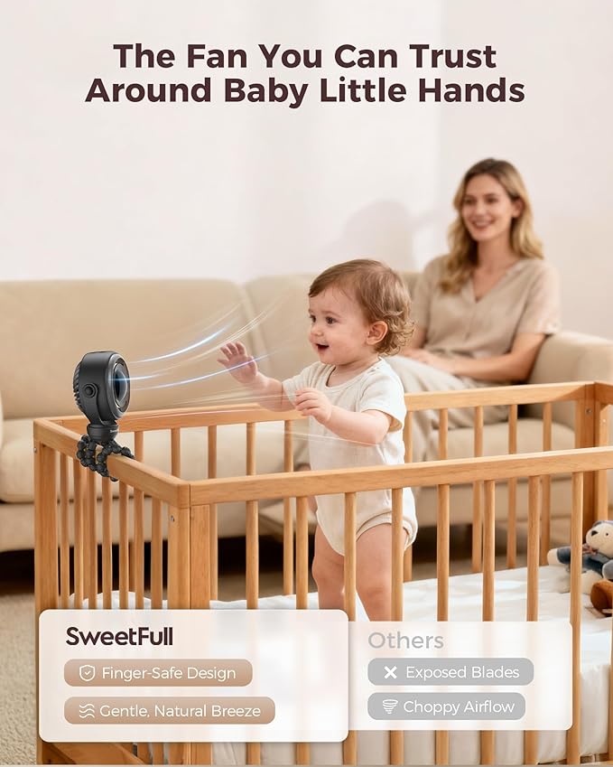 SWEETFULL Baby Stroller Fan - 4000mAh Rechargeable 4-Speed Quiet with LED Display & Night Light, Mini Portable 360° Clip On Safe Fan for Car Seat, Crib, Travel - Black