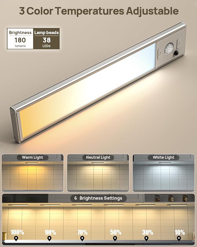 9" Under Cabinet Lighting Wireless, Motion Sensor Light Indoor with Remote, LED Rechargeable Closet Light, 3 Color Temps, Dimmable, Magnetic, Under Counter Lights for Kitchen, Stairs, Pantry