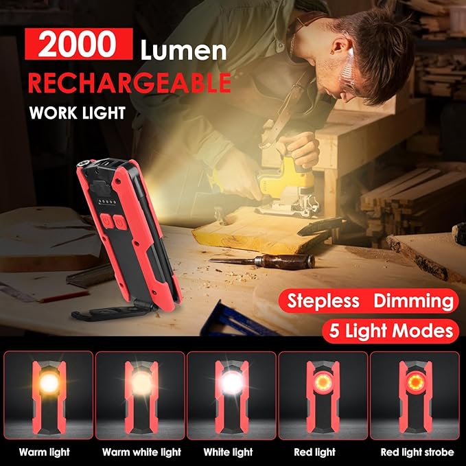 Rechargeable LED Work Light, OTYTY 40W 2000LM Magnetic Work Light Battery Powered Portable Flood Light with Gooseneck Flashlight for Car Repairing, Camping, Inspection
