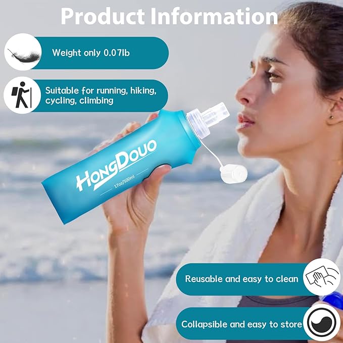 2 Packs Soft Flask, 17oz/500ml TPU Collapsible Soft Water Bottle for Hydration Pack, Running Vest, BPA-Free Folding Water Bottles for Hiking Cycling Climbing Running Outdoor Sports