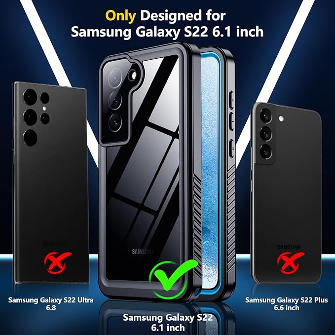 SPIDERCASE for Samsung Galaxy S22 Waterproof Case,[12FT Military-Grade Drop Protection] IP68 Water Resistance [Built-in Screen Protector] Full Body Sealed Protection Phone Case 6.1", Blue