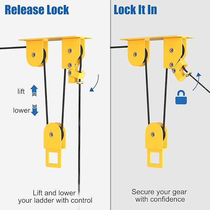 TRUSOON Ladder Storage Pulley Hoist, Self Locking Function Ladder Hanger, Garage Ceiling Mount Lift System for Lightweight Kayak, Bike, Surfboard, Hold 100 lbs, Fit 10-18 Foot Ceilings