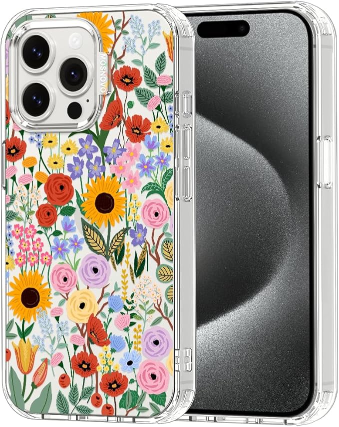 MOSNOVO Case for iPhone 15 Pro Max, [Buffertech 6.6ft Military-Grade Drop Protection] [Anti Peel Off Tech] Clear TPU Bumper Phone Case Cover Design - Blossom & Bloom