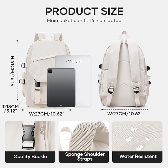 coowoz Lightweight School Bag Casual Daypack College Laptop Backpack for Men Women Water Resistant Travel Rucksack for Sports High School Middle Bookbag for girls（White）