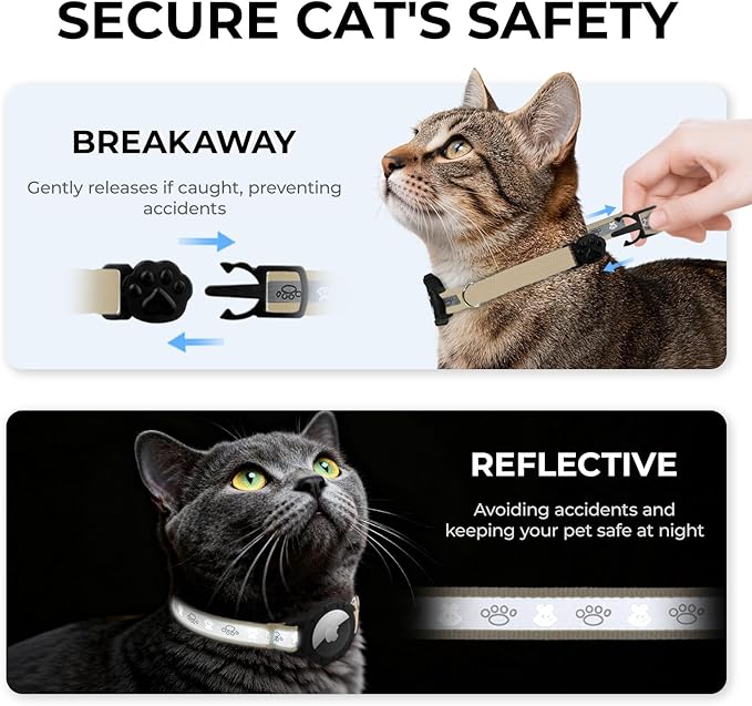 Breakaway AirTag Cat Collar, Reflective Cat Tracker Collar with Air Tag Holder and Bell, Safety Elastic Band Cat GPS Collars for Girl Boy Cats, Kittens and Puppies (Khaki, 8-13'')