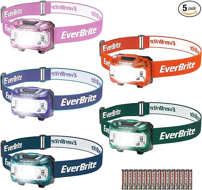 EverBrite Headlamp, 5 Pack Kids Headlamp with Red Light and Memory Function, Head Lamp for Adults and Kids with 5 Modes, Bright Headlamps for Camping, Running, Christmas Gifts, Batteries Included