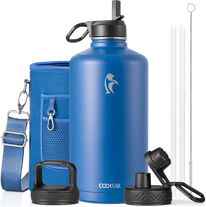 Coolflask 128 oz Gallon Water Bottle Insulated with Straw&3 Lids, Water Jug Large Stainless Steel Metal Vacuum Wide Mouth for Sports, Gym or Office, Non-BPA Keep Cold 48H Hot 24H, King's Blue