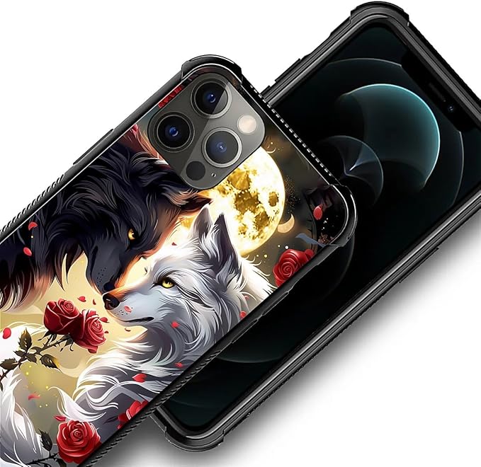 for iPhone 11 Pro Case, Black White Wolf Moon Flower Rose Pattern Made of Soft Silicone Hard Acrylic Shock Protection for iPhone 11 Pro
