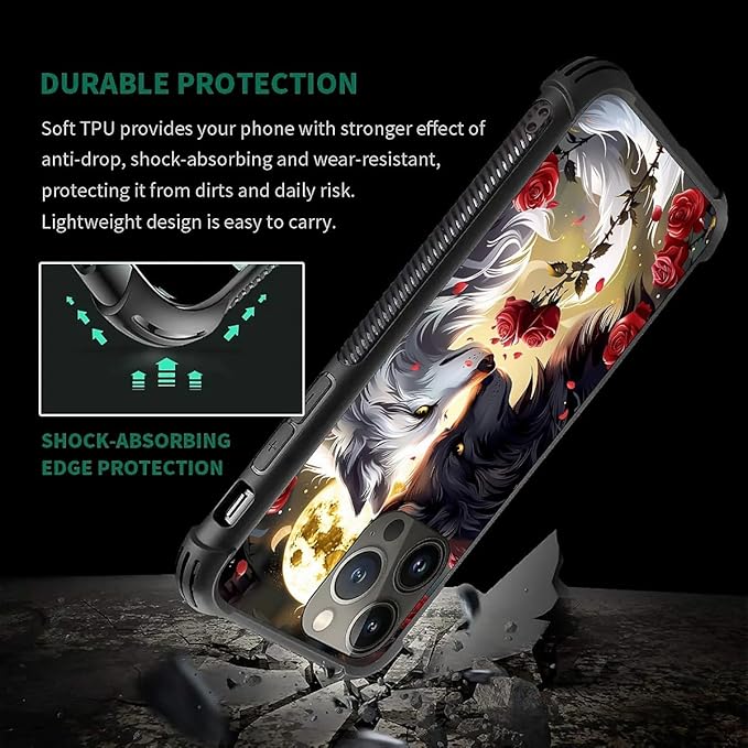 for iPhone 12 Pro Max Case, Black White Wolf Moon Flower Rose Pattern Graphic Design Girl Boy Soft Silicone Hard Acrylic Shock Protection for iPhone 12 Pro Max