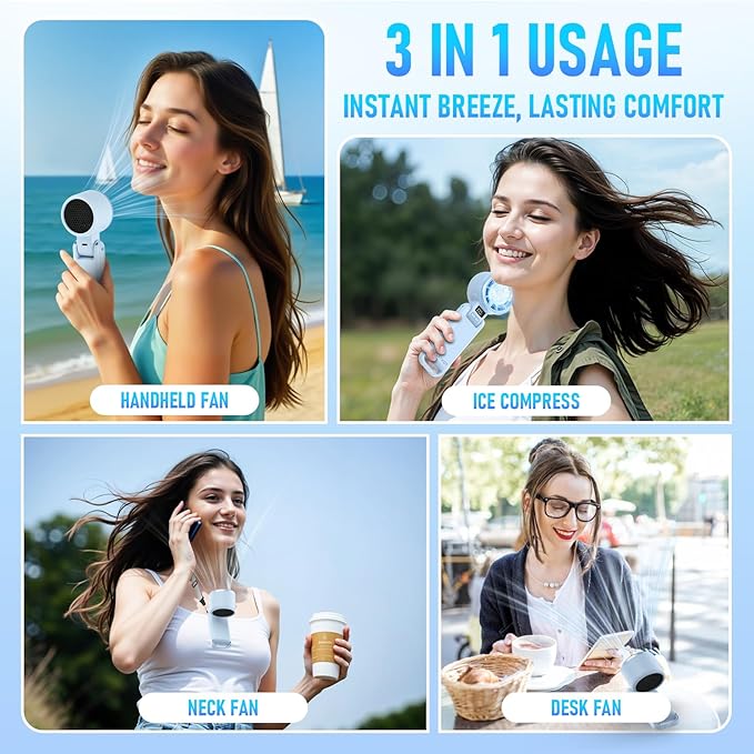 PlayHot Upgraded Portable Handheld Fan with 60°F Ice Cooling, Up tp 12Hrs Personal Fans Portable Rechargeable, 5 Speed 25550RPM Powerful Portables Fan Handheld, Hand/Neck/Desk Fan 3 IN 1(Blue)