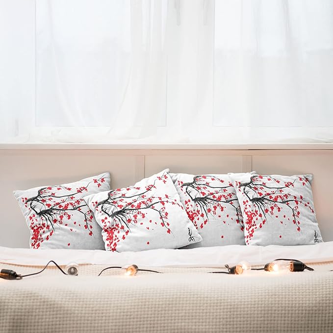 Ambesonne Nature Throw Pillow Cushion Case Pack of 4, Sakura Blossom Japanese Cherry Tree Garden Summertime Vintage Cultural Print, Modern Accent Double-Sided Digital Printing, 24", Grey Vermilion