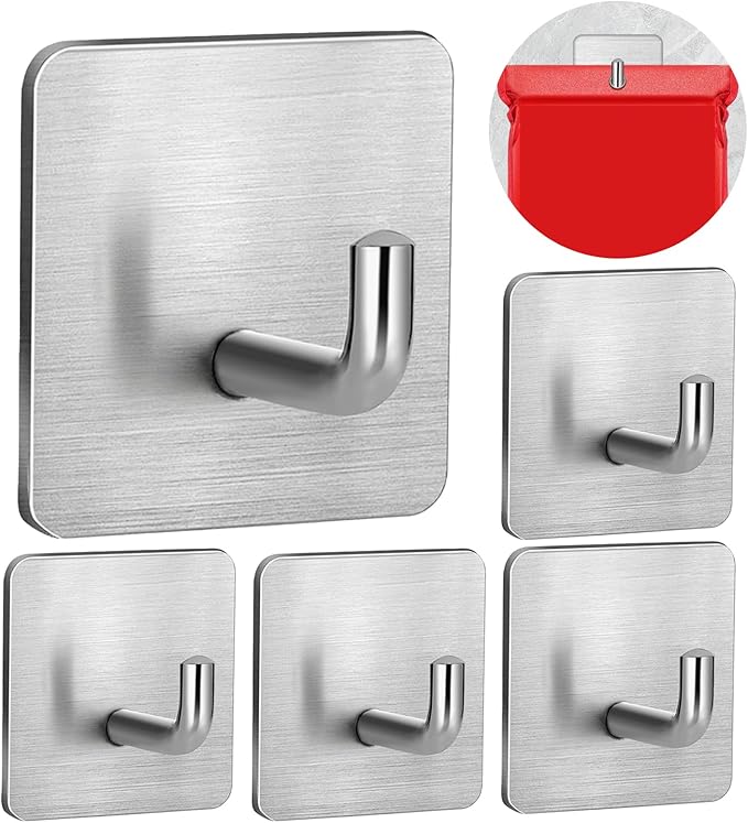 Emergency Fire Blanket Wall Hooks，Waterproof Stainless Steel Adhesive Hooks for Home Kitchen Bathroom Office and Outdoor (Silver, 5 Pack)