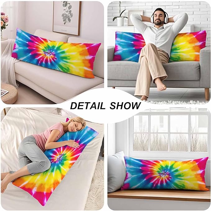 Tie Dye Body Pillow Pillowcase, Abstract Tie Dye Rainbow Farmhouse Pillow Body Cushion Case, 20x54 Inch Body Pillow Cover Extra Large Pillow Protector for Home Couch Sofa