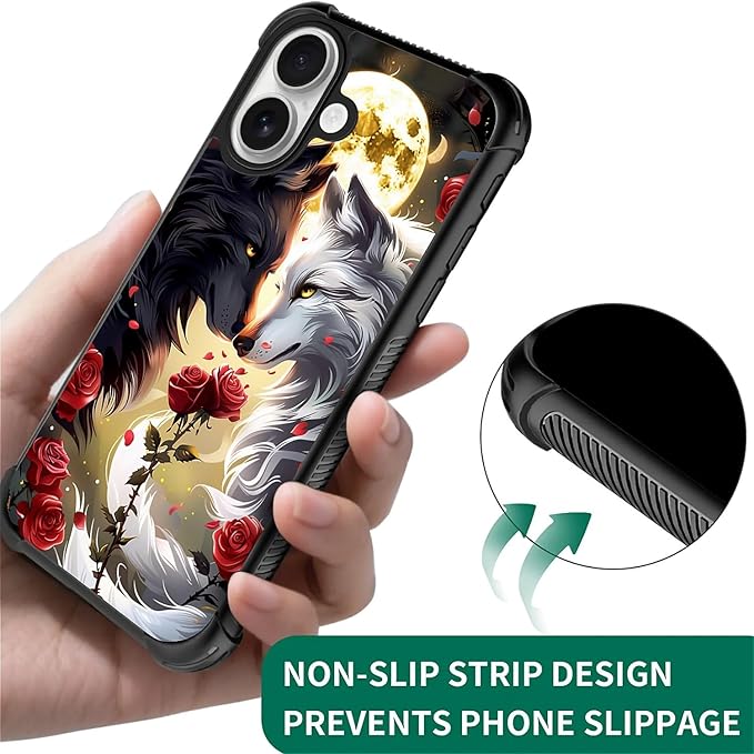 for iPhone 17 Case,for MagSafe Graphic Design for Girl Boy Soft Silicone Hard Acrylic Shock Protection Designed for iPhone 17 Black White Wolf Moon Flower Rose Pattern