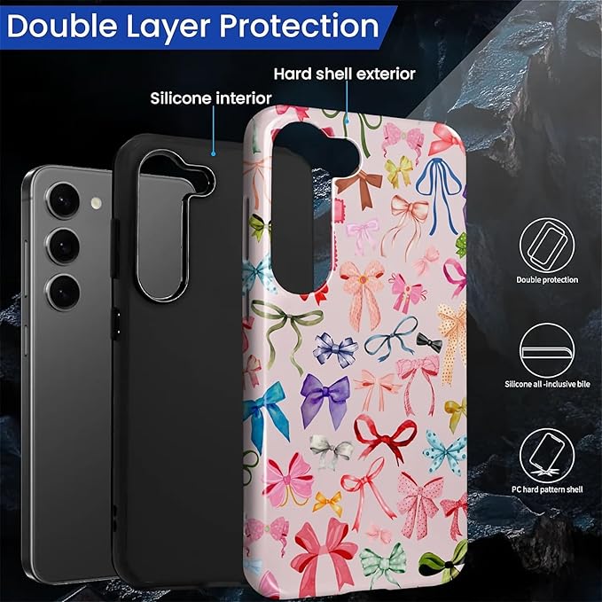 for Samsung Galaxy S23 Case,HL2 Aesthetic Color Bow Tie Hybrid 2 Layer Hard Shell Silicone Protective Pattern Design Case