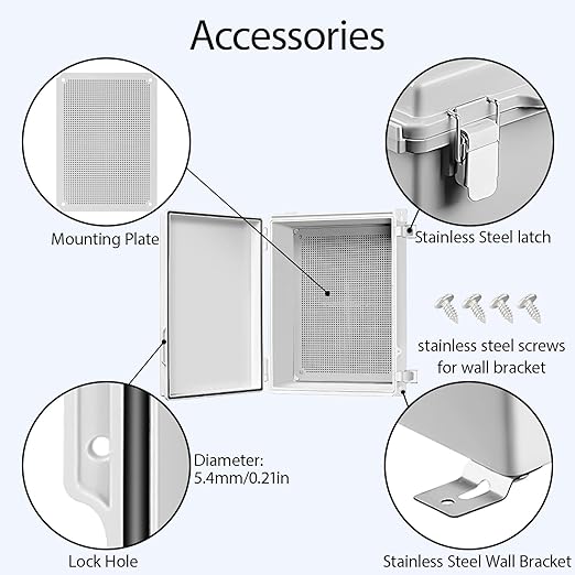 LeMotech Electrical Box, IP67 Waterproof Hinged Cover Stainless Steel Latch Junction Box, ABS Plastic Electrical Enclosure with Mounting Plate,Wall Brackets, Cable Glands,15.7"x11.8"x7.0",Grey