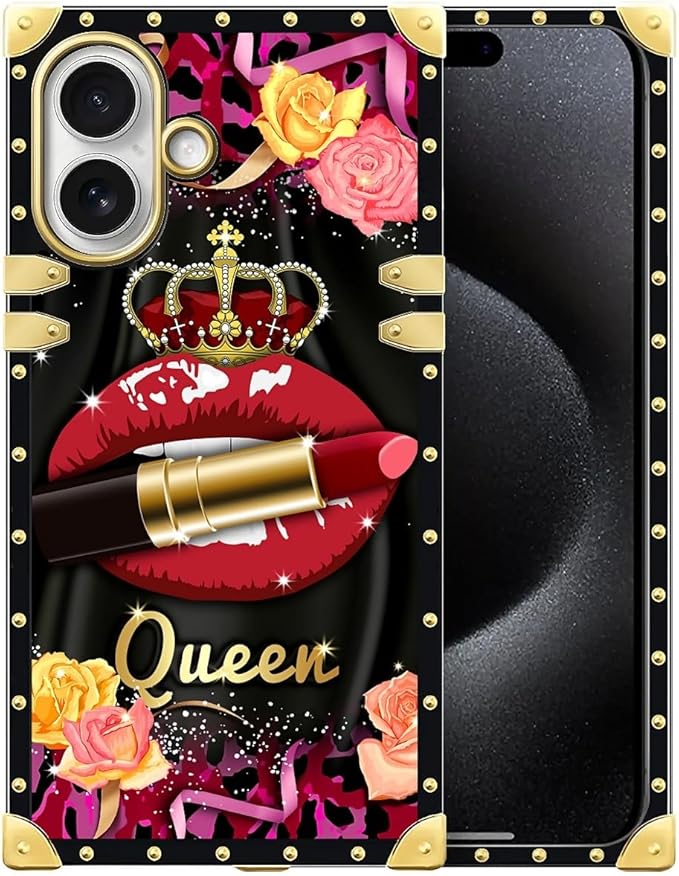 for iPhone 17 Case Luxury Golden Decoration for Girl Women Soft TPU Shockproof Protective Hard PC Back for iPhone 17 Crazy Pattern Queen Lip Crown Leopard Print