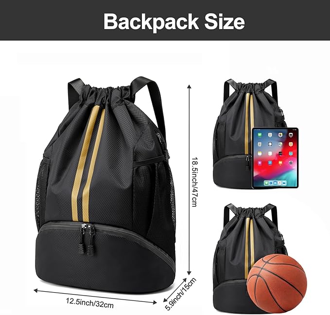 Hoedia Sports Drawstring Backpack - String Swim Gym Bag with Shoes Compartment and Wet Proof Pocket for Women&Men, Black Gold