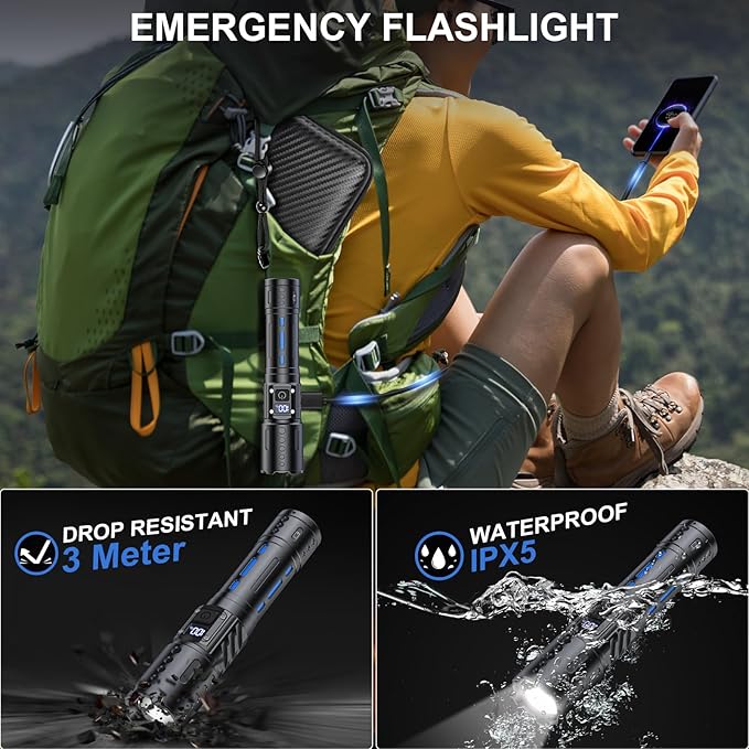Banral Flashlights High Lumens Rechargeable - Super Bright Tactical LED Flash Light, Dimmable&Memory Function Powerful Waterproof Flashlight for Camping,6 Modes,Zoomable,LCD Display (2, Black)