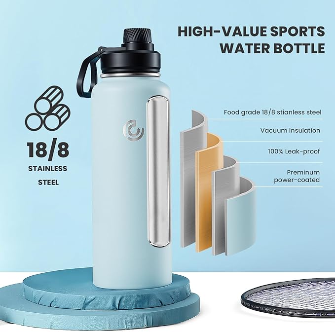 Sports Water Bottle 40oz, Insulated Water Bottle with Handle,Stainless Steel,Simple Modern,Suitable for Travel, School, Boy, Girl(FOG)