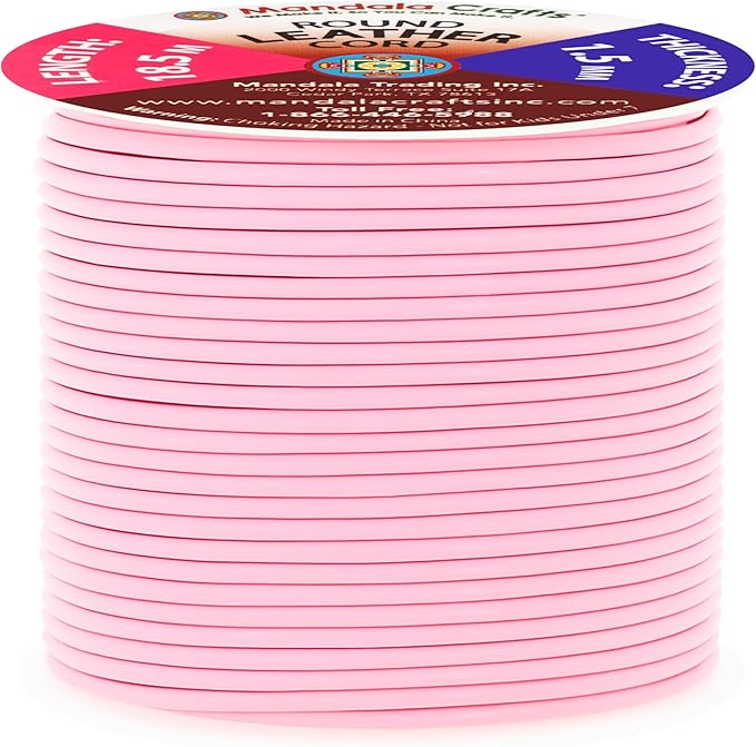 Mandala Crafts Round Genuine Pink Leather Cord for Jewelry Making – 1.5mm Cowhide Leather Rope String Lace for Kumihimo – 20 Yards Cowhide Craft Cording Spool