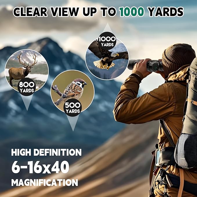6-16x40 HD Zoom Binoculars for Adults, High Powered, Large View, BAK4 Prism, Waterproof, Clear Low Light Vision for Bird Watching,Hiking, Travel
