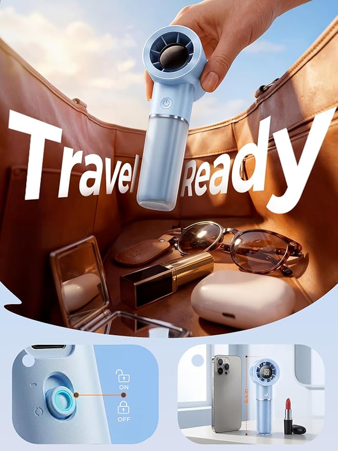 Handheld Portable Fan, 6-Speed Powerful Mini Personal Fan, Rechargeable 5000mAh Battery with Up to 15 Hours Runtime, Pocket Turbo Fan with Smart LED Display, Ideal for Travel, Camping, Makeup