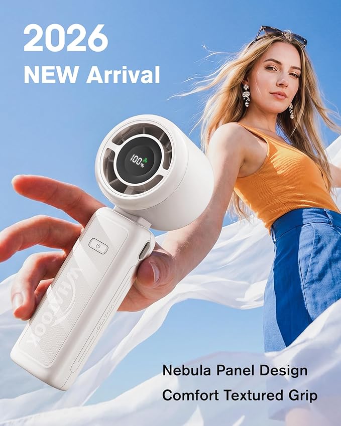 WHATOOK Portable Personal Handheld Fan: High Speed Cooling Fan, 12 Hours Battery Life, USB Rechargeable, Small Essentials for Women Cruise Travel, Beach Vacation (Ivory White)