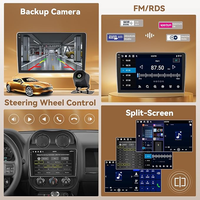 [4+128G] Hikity Android 15 Car Stereo for Jeep Compass Patriot 2010-2016, 10'' in-Cell Touch Screen Radio Wireless Carplay Android Auto 5G WiFi/Bluetooth/Mirror Link GPS SWC FM/RDS/EQ Backup Cam+Mic
