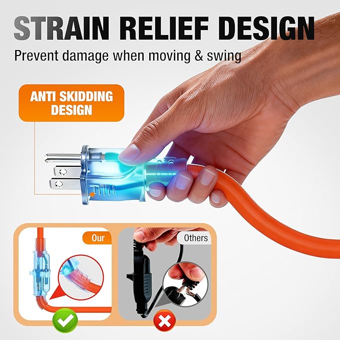 Outdoor Extension Cord 100 FT Waterproof, 12/3 Gauge Heavy Duty 3 Prong Power Cord with Lighted Indicator End, 15A 125V 1875W SJTW, ETL Listed, Great for Lawn/Garden/Home(Orange)