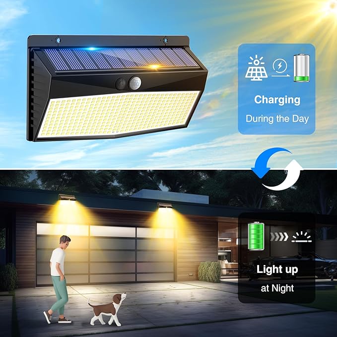Peasur 4 Pack 368 LED Solar Motion Sensor Lights Outdoor, Solar Fence Lights with 3 Lighting Modes, Solar Powered Security Lights Waterproof for Outside Yard Wall Garden Backyard Step, Warm White