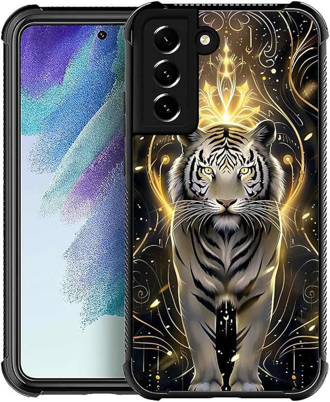 for Samsung Galaxy S22 Case, White Tiger Golden Mystery Pattern Graphic Design Girl Boy Soft Silicone Hard Acrylic Shock Protection for Samsung Galaxy S22