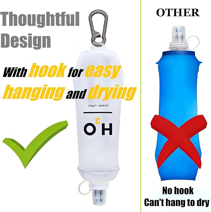 500ml Collapsible Soft Flask Water Bottle for Running with Hang Dry Metal Hook & Dust Cap, BPA Free TPU Leakproof Bite Valve Hydration Bottle, Ultra Lightweight Foldable(1pack 500ml17oz)