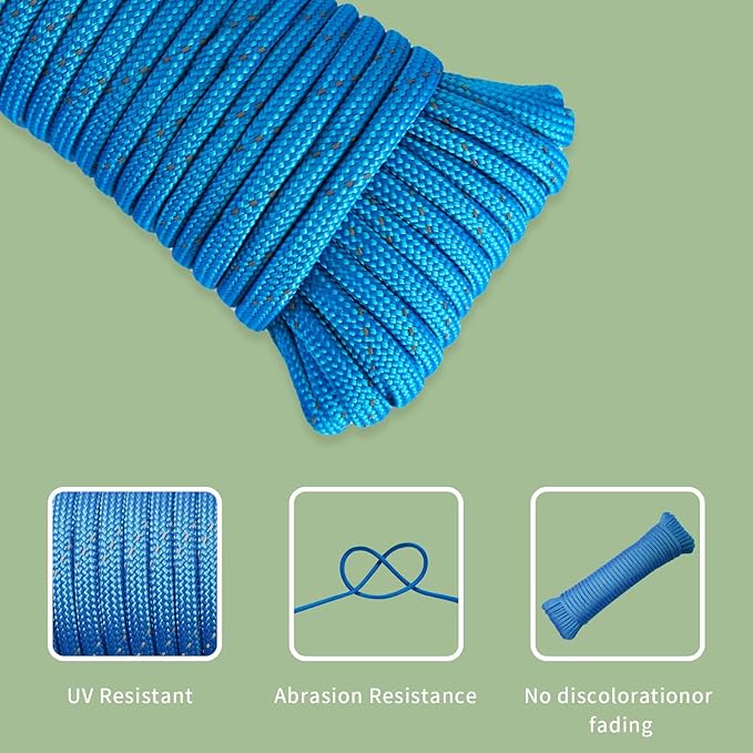 Paracord Rope, Reflective III Parachute Cord 7 Strand Core 550lb, 50ft Blue - High Visibility Abrasion Resistant Easy to Tie, Multi-Purpose Rope for Camping Survival DIY