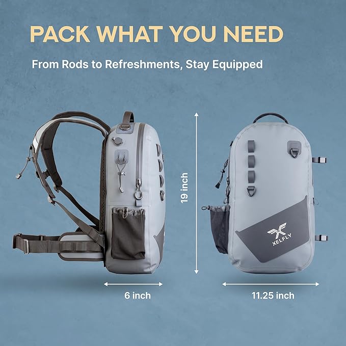 Xelfly - Waterproof Fishing Backpack with Rod Holder, Inflatable Air Valve, Padded Waist Straps & Gear Loops - Submersible Zipper, Rugged Top Handle, Adjustable Attachments (Blue)