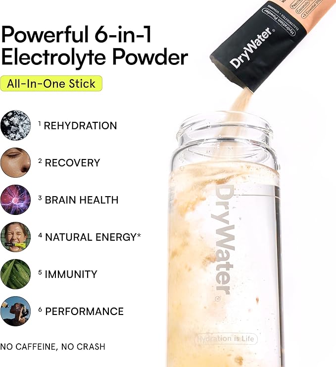 DryWater Electrolyte Powder Packets, Peach Mango - Hydration Packets Drink Mix with Zero Added Sugar for Rehydration & Energy - 6 Key Electrolytes, 5 Essential Vitamins & 5 Real Fruits - 12 Pack