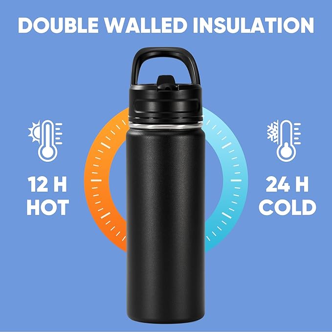 Fijinhom 18oz Insulated Stainless Steel Water Bottle with Straws, Double Wall Vacuum Insulated Bottles, Metal Thermo for Travel, Sports, Leak-Proof, BPA Free, Women & Men, Black