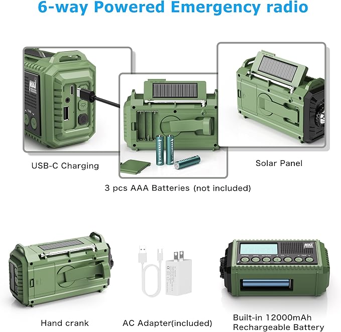 Eoxsmile NOAA Weather Radio 12000mAh - Emergency Radio Hand Crank Solar Battery Operated Portable AM/FM Shortwave Radio with USB-C Charger, Flashlight, SOS Alert for Home Outdoor Hurricane Survival