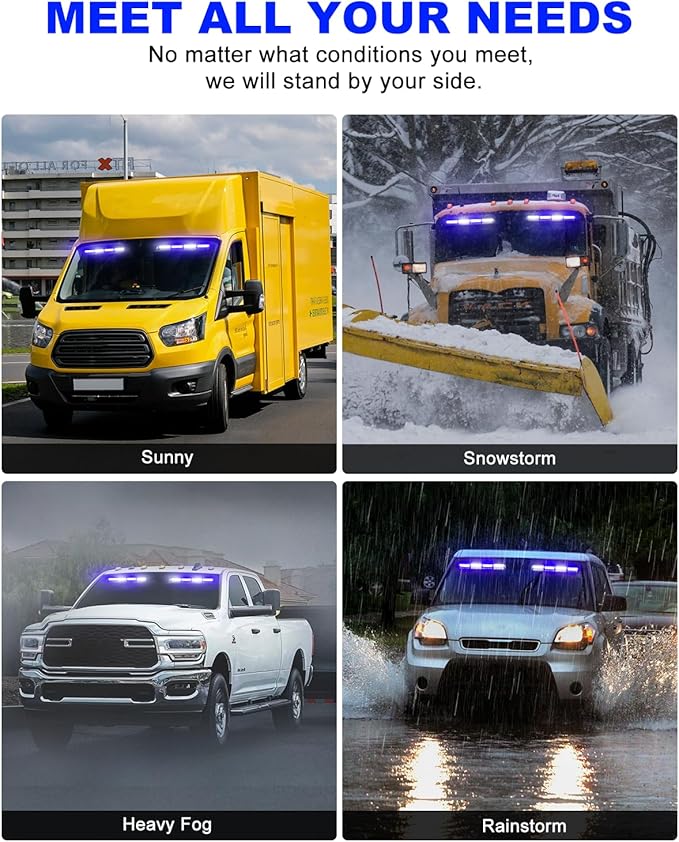 HLauto 6Z4J Emergency Dash Strobe Lights: 2x16.8 inch Blue White Safety Lights, 48 LED Flashing Warning Hazard Interior Windshield Visor Traffic Light Bar for Trucks, Construction Vehicles