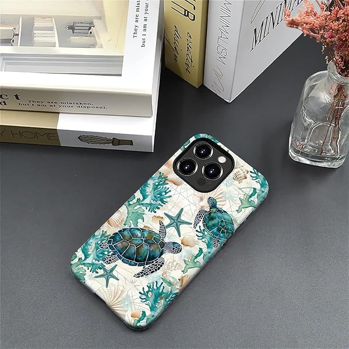 for iPhone 16 Pro Max Case,HH2 Ocean Sea Turtle Nautical Map Hybrid 2 Layer Hard Shell Silicone Protective Pattern Design Case
