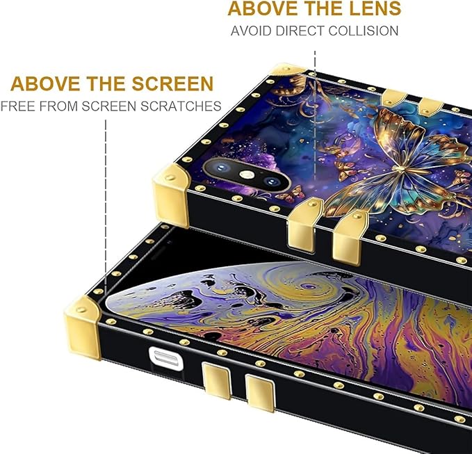 Compatible with iPhone XR Case, Glistening Golden Butterfly Vibrant Purple Blue Luxury Golden Decoration for Girl Women Soft TPU Shockproof Protective Hard PC Back for iPhone XR