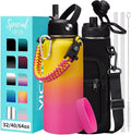 Stainless Steel Water Bottles 32oz - Cold-48h Hot-24h Insulated Water Bottle with Straw & Auto Spout Lid, Carrier Bag & Protective Cup Mat, Metal Thermo Flask Reusable Gym Waterbottle Jug Leak Proof