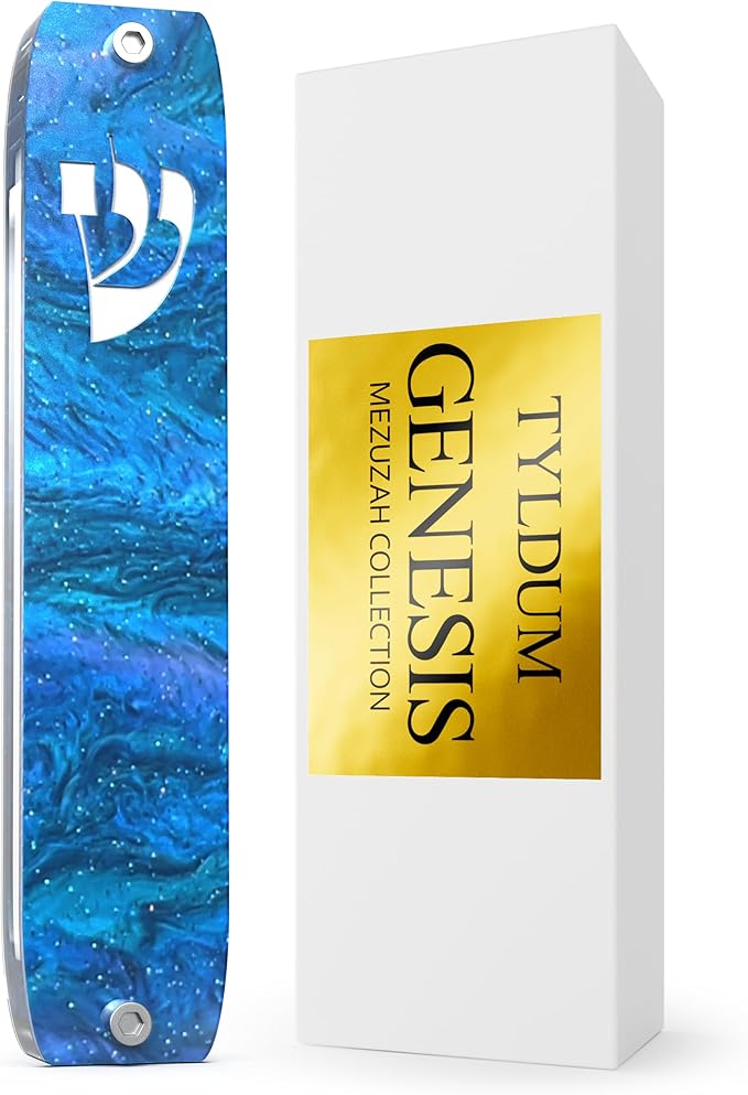 Genesis Mezuzah for Door – Modern Acrylic Mezuzah Case Without Kosher Scroll – Handmade in Canada Judaica Gift, Weatherproof, Jewish Artisan Design, Clear Case (Classic, Blue Sea)